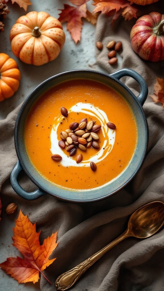 A bowl of butternut squash and apple soup garnished with nuts, surrounded by autumn leaves and small pumpkins.