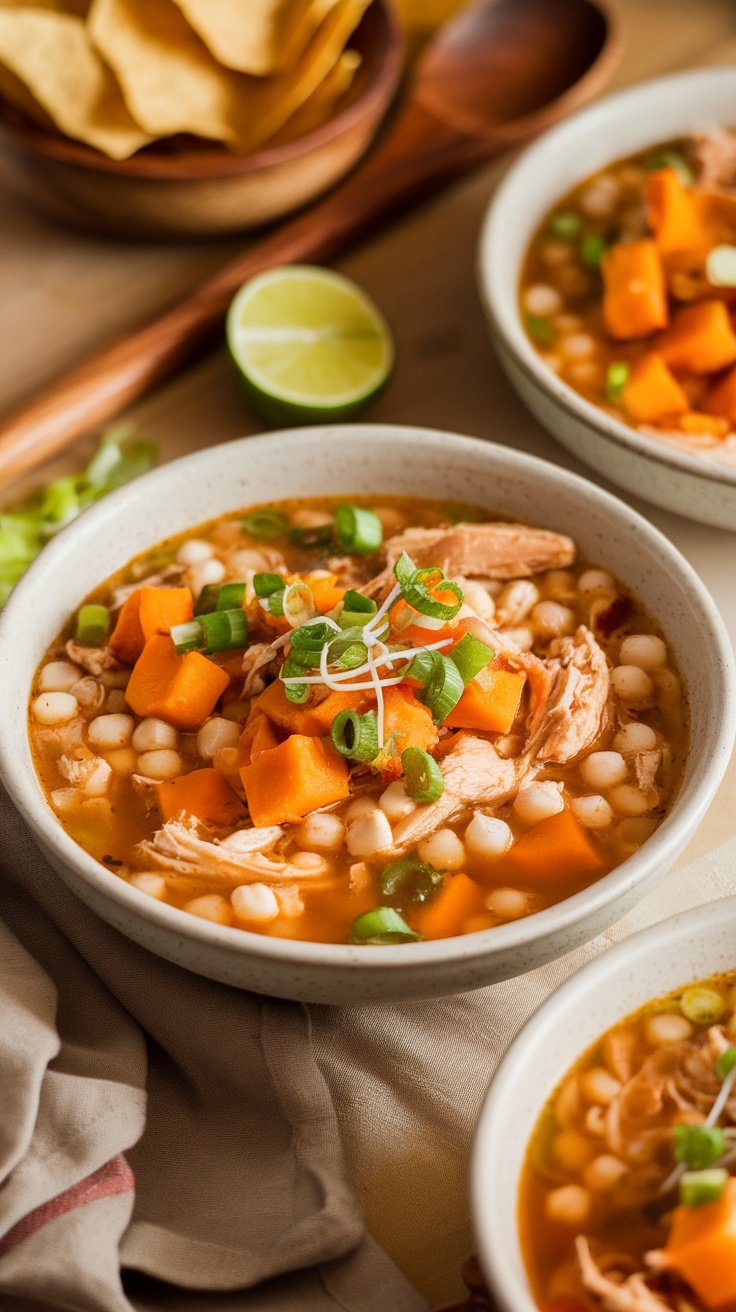 A bowl of butternut squash and chicken pozole topped with green onions, with lime and tortilla chips in the background.