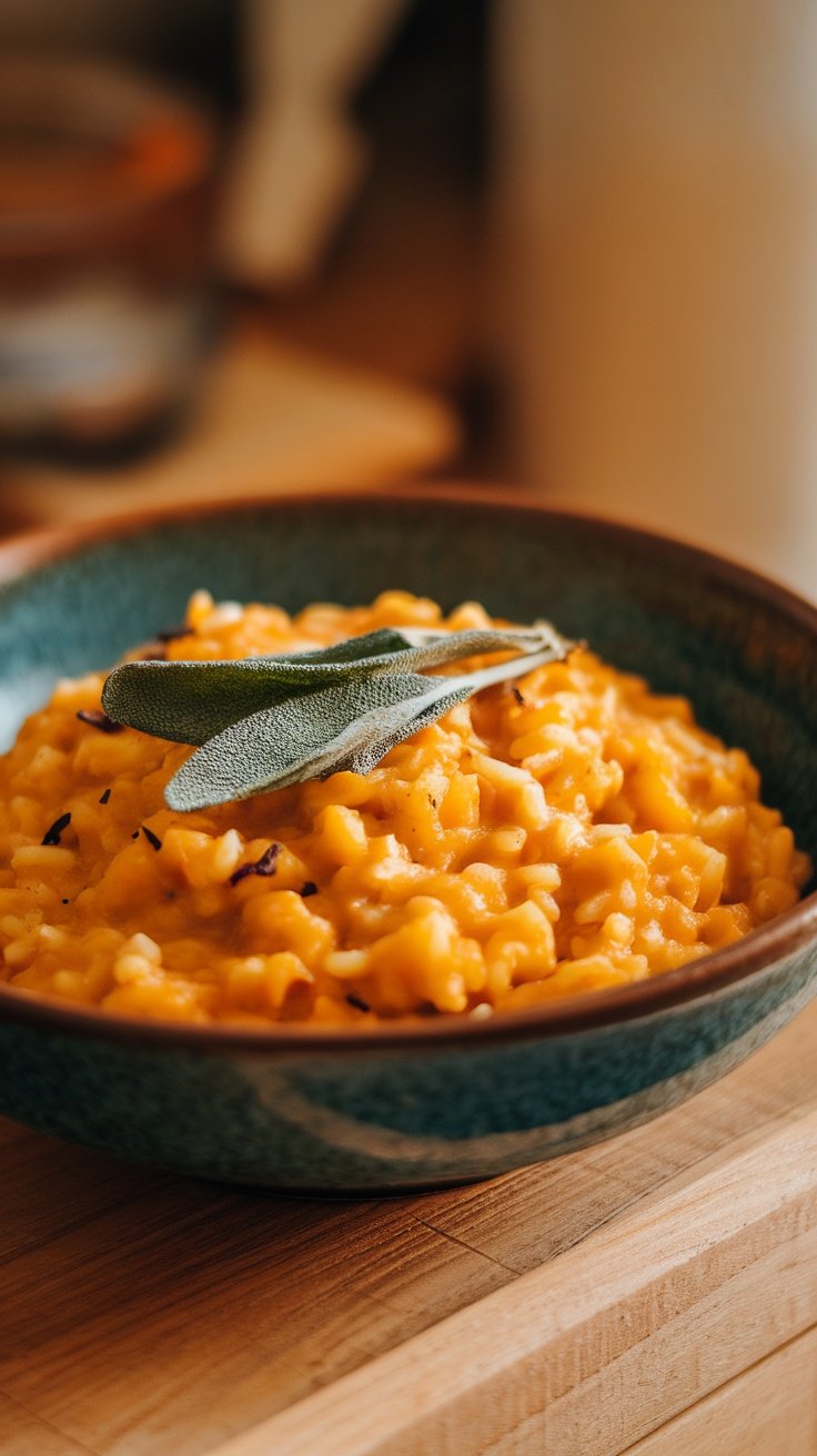 A bowl of creamy butternut squash and sage risotto topped with fresh sage leaves.