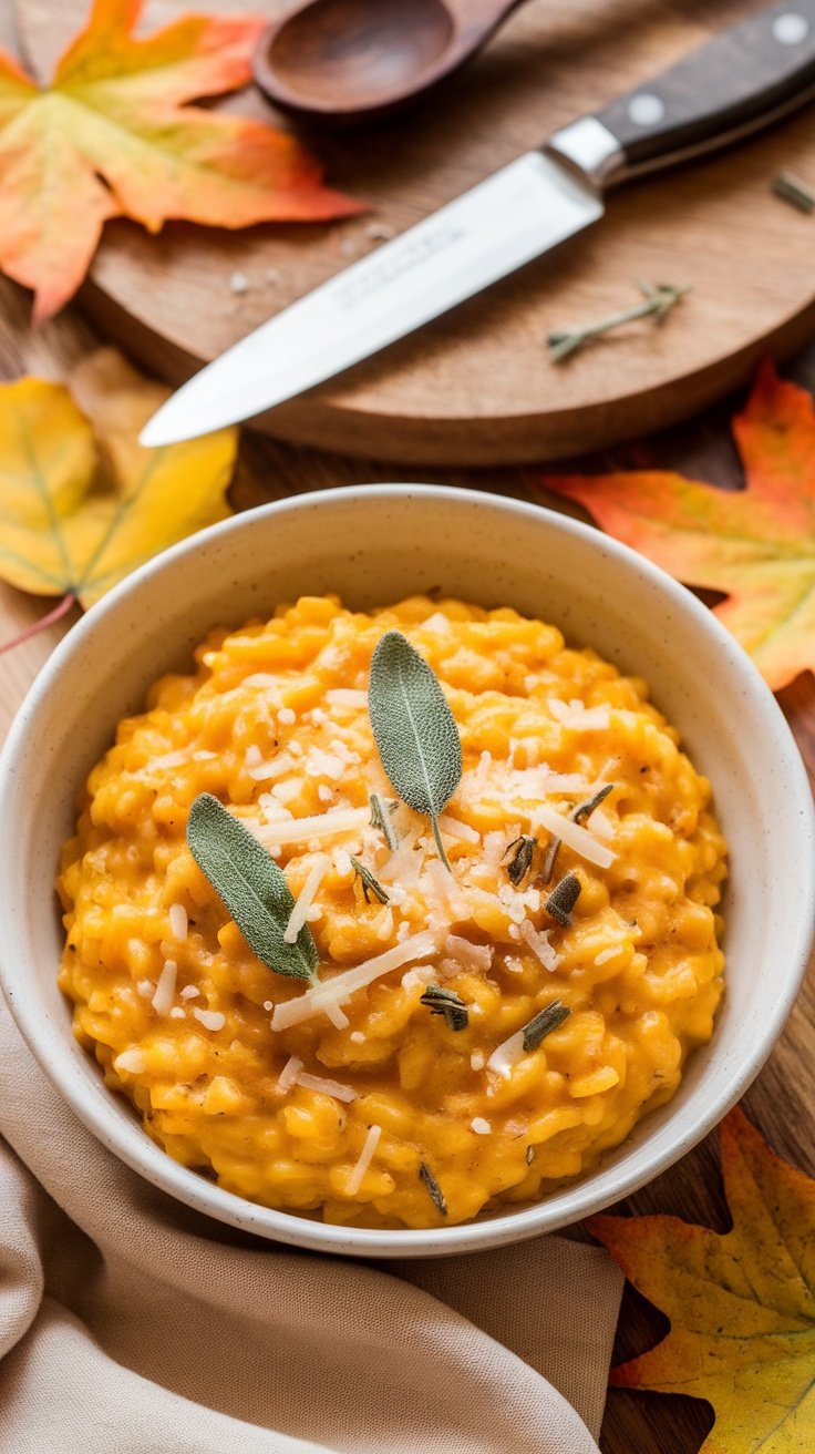 A creamy butternut squash risotto topped with sage leaves and cheese, served in a bowl.