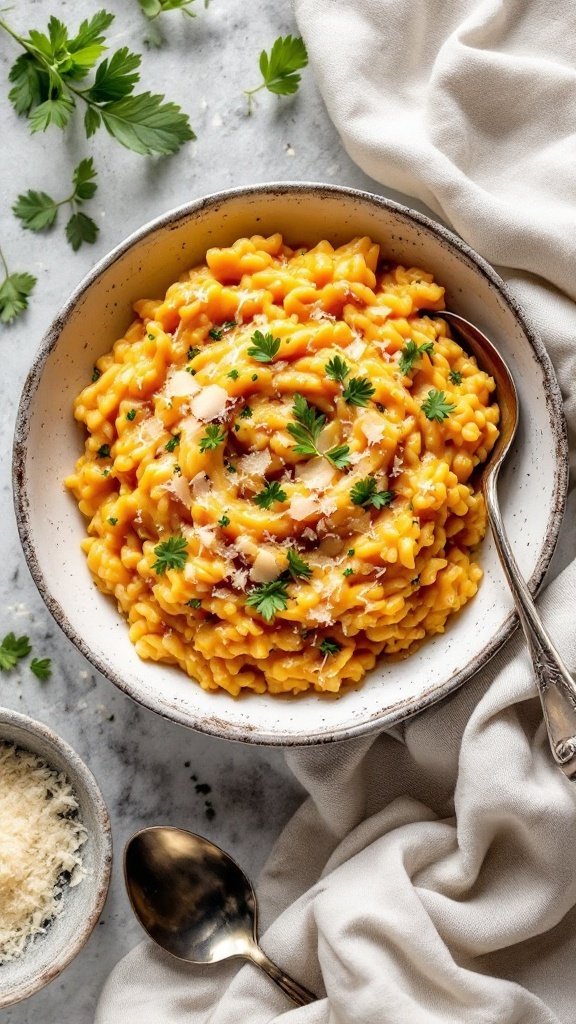 A bowl of creamy butternut squash risotto garnished with parsley and Parmesan cheese.
