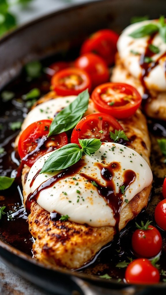A skillet with Caprese chicken featuring chicken breasts, mozzarella, tomatoes, and basil.