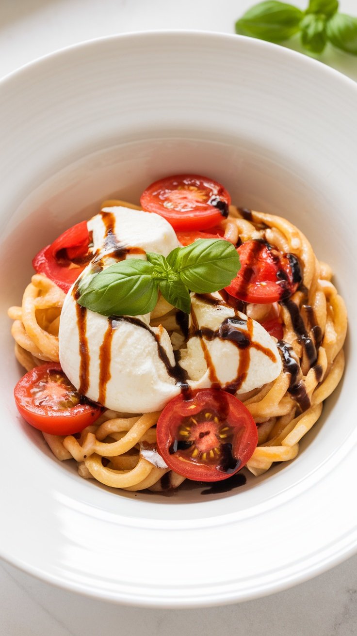 A bowl of Caprese pasta topped with mozzarella, cherry tomatoes, and basil