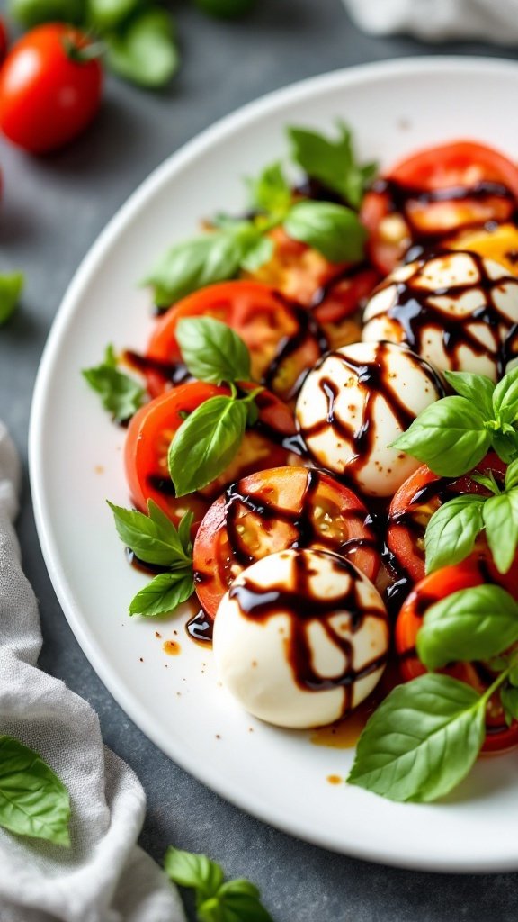 A fresh Caprese salad garnished with basil and drizzled with balsamic glaze