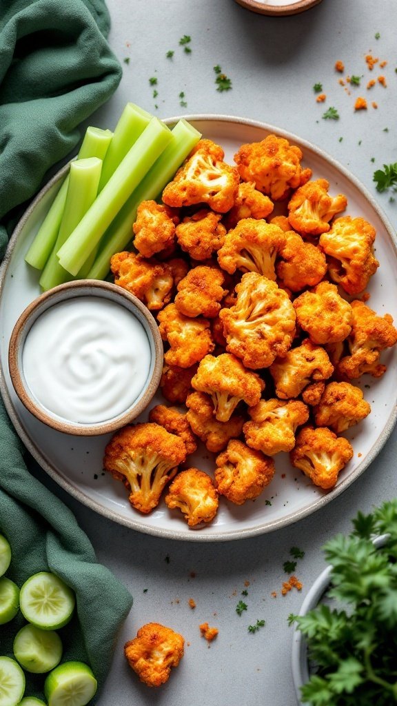 A plate of crispy cauliflower buffalo wings served with celery and ranch dressing.