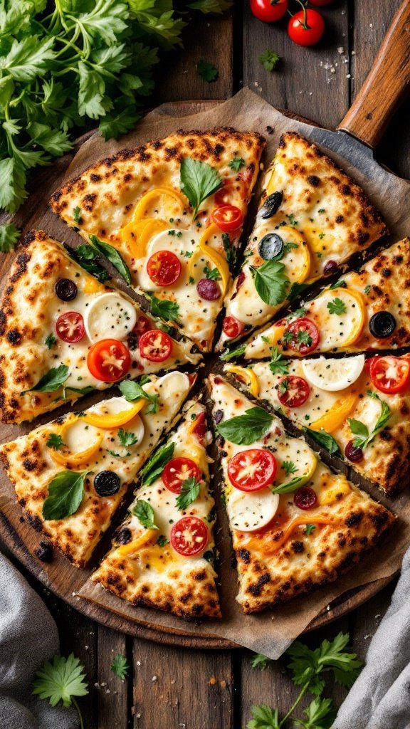Cauliflower crust pizza topped with colorful vegetables