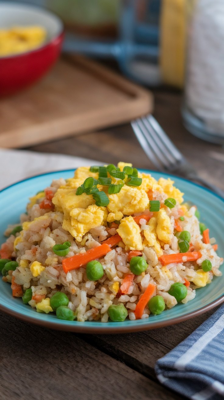 A serving of cauliflower fried rice with peas, carrots, and scrambled eggs, garnished with green onions.