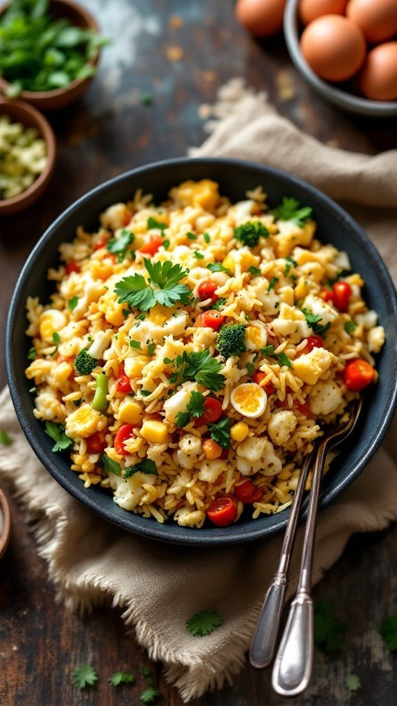 A bowl of cauliflower fried rice with colorful vegetables and herbs.