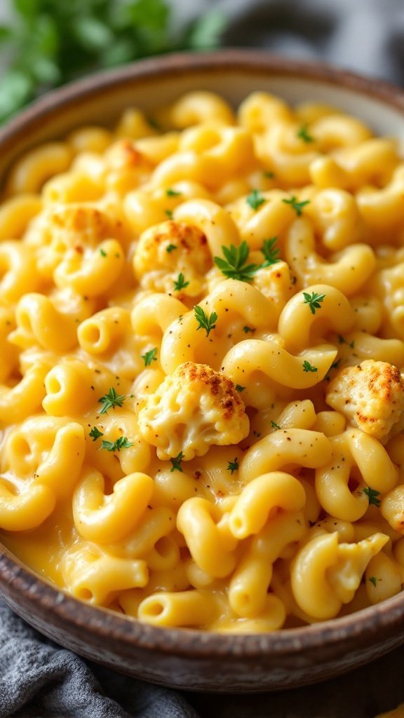A bowl of creamy macaroni and cheese with cauliflower blended in, garnished with parsley.