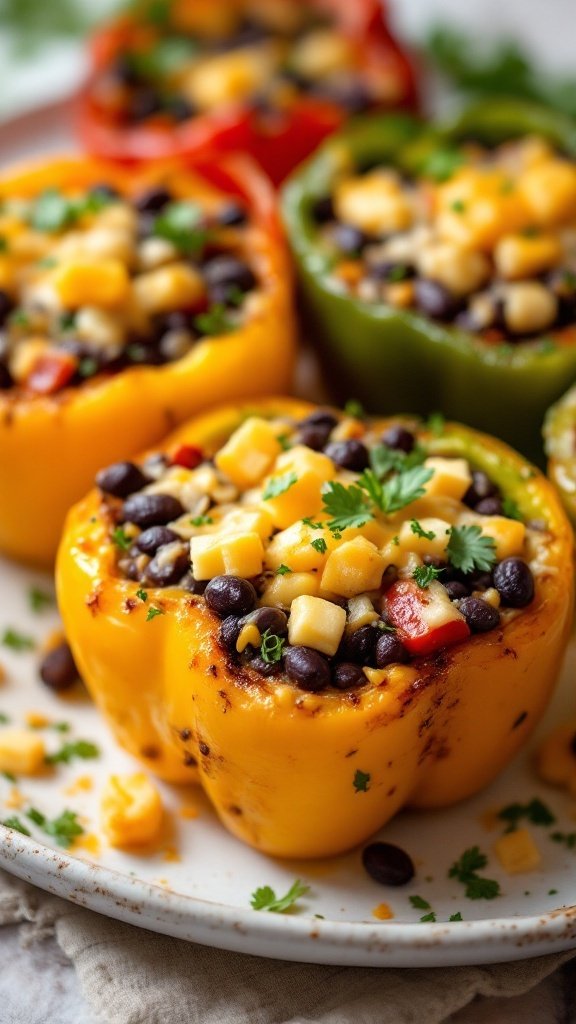 Cheddar and black bean stuffed peppers on a plate.