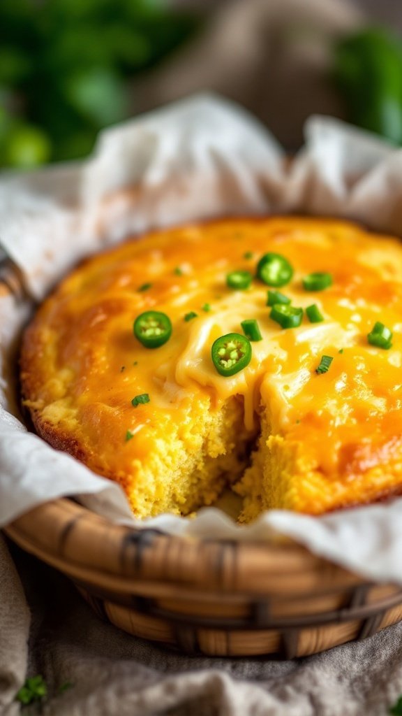 A basket of Cheddar and Jalapeño Cornbread with cheese melted on top