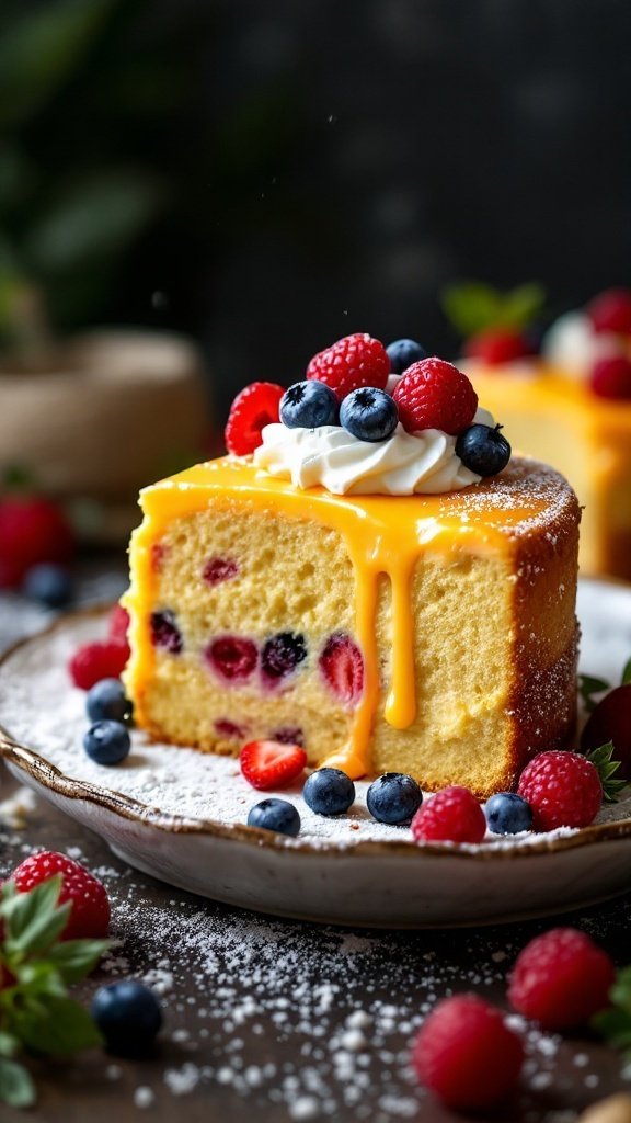 Cheese-Stuffed Tres Leches Cake topped with fresh berries