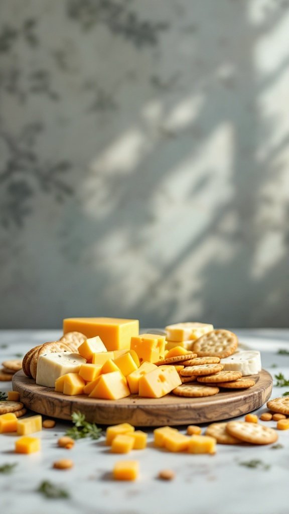 A wooden platter with various cheeses and crackers.