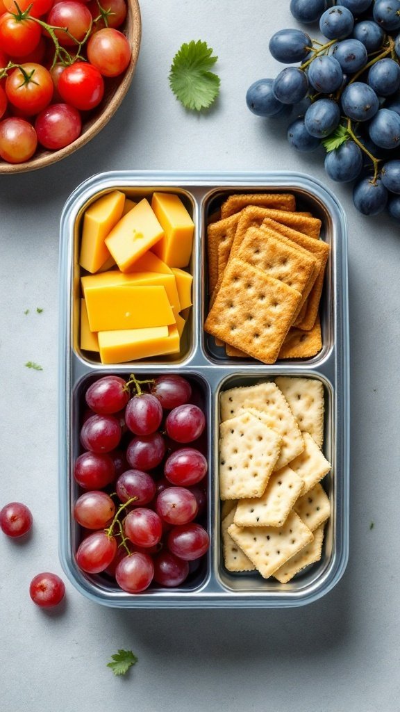 A lunchbox filled with cheese cubes, crackers, and grapes