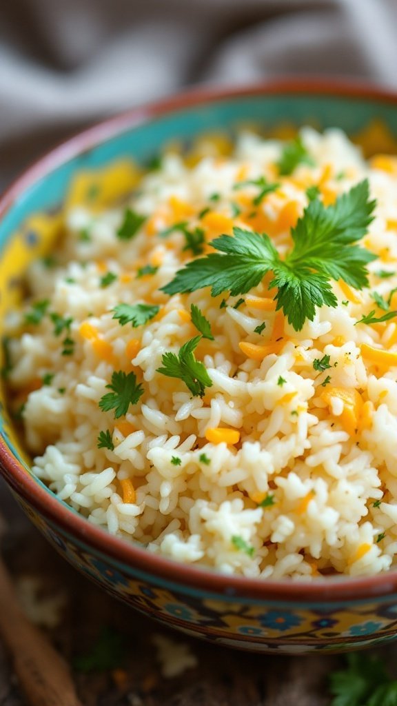 Bowl of cheesy and herb-filled Mexican rice topped with fresh cilantro.