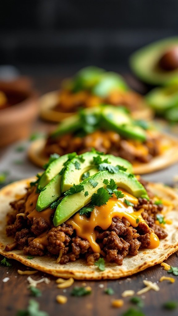 Cheesy beef tacos topped with avocado slices and cilantro