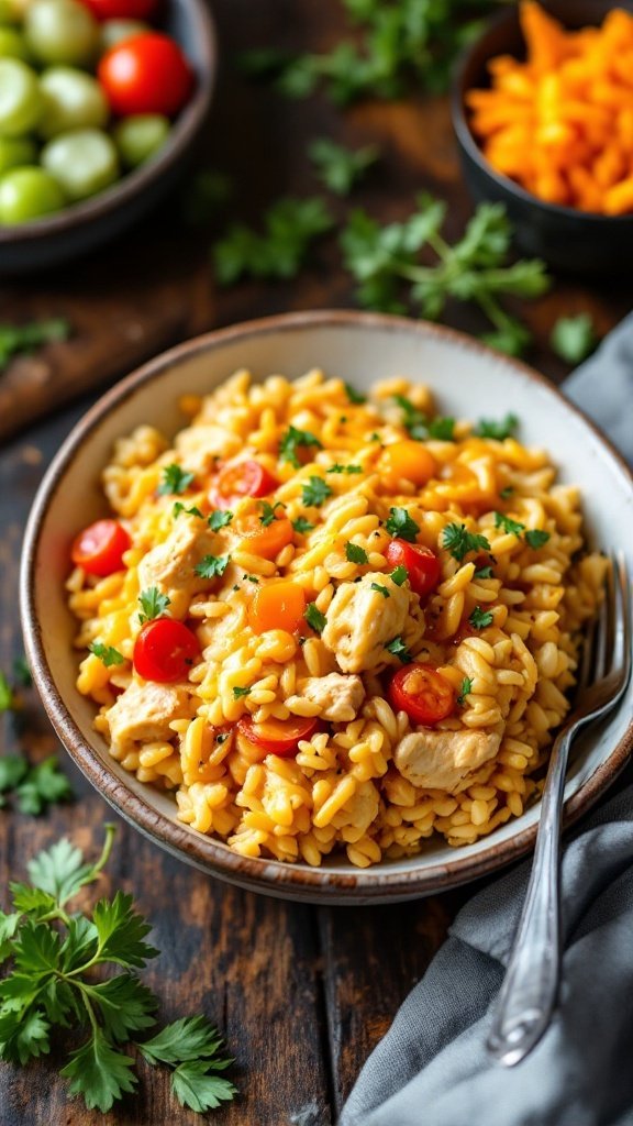 A bowl of Cheesy Chicken and Rice Casserole garnished with fresh herbs.