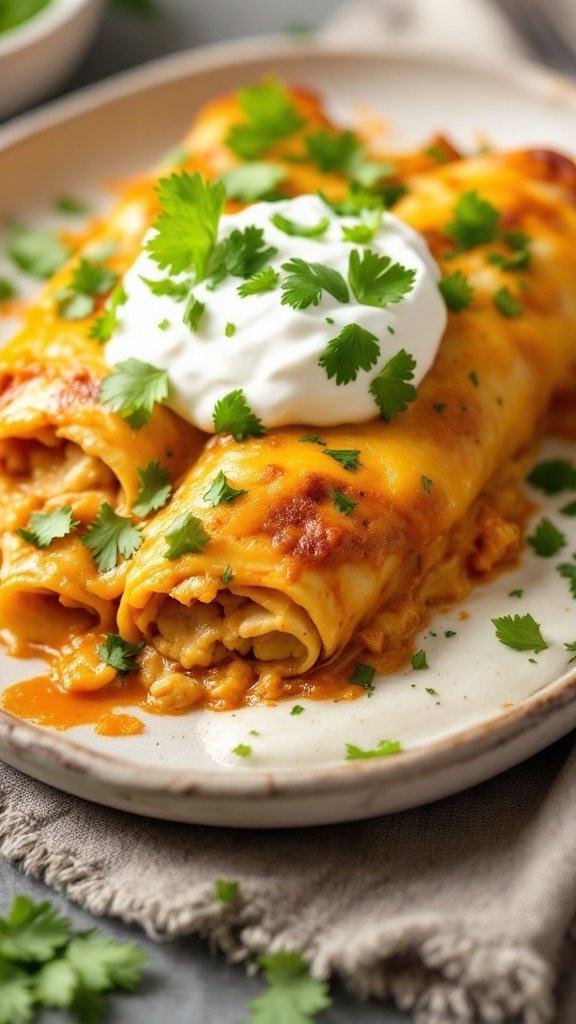 Delicious cheesy chicken enchiladas topped with cilantro and sour cream