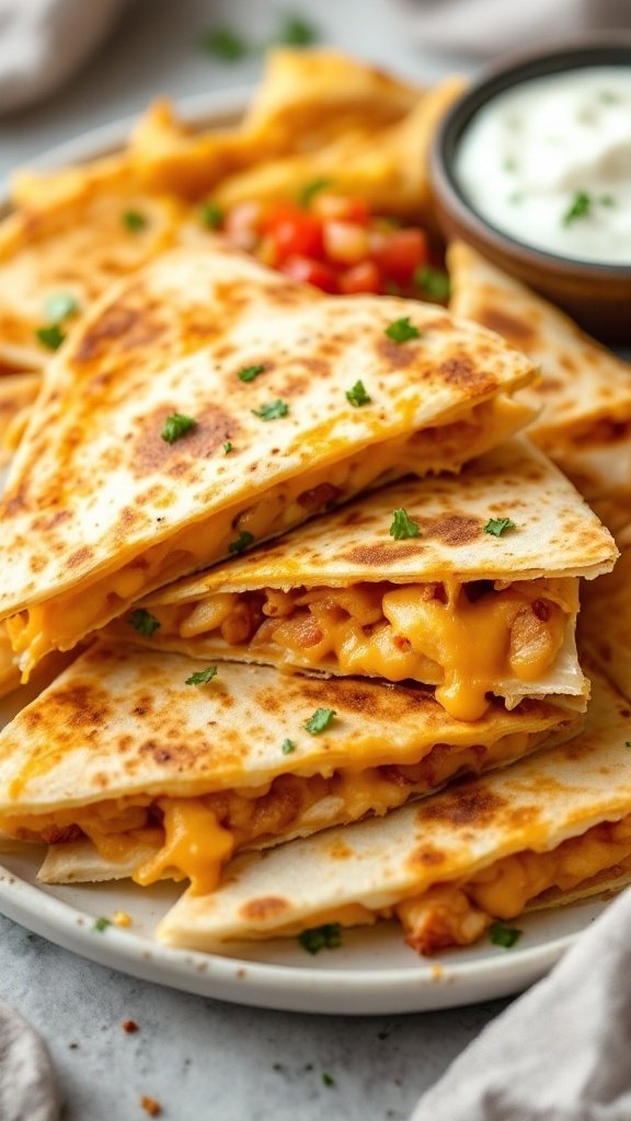 Delicious cheesy chicken quesadillas stacked on a plate.