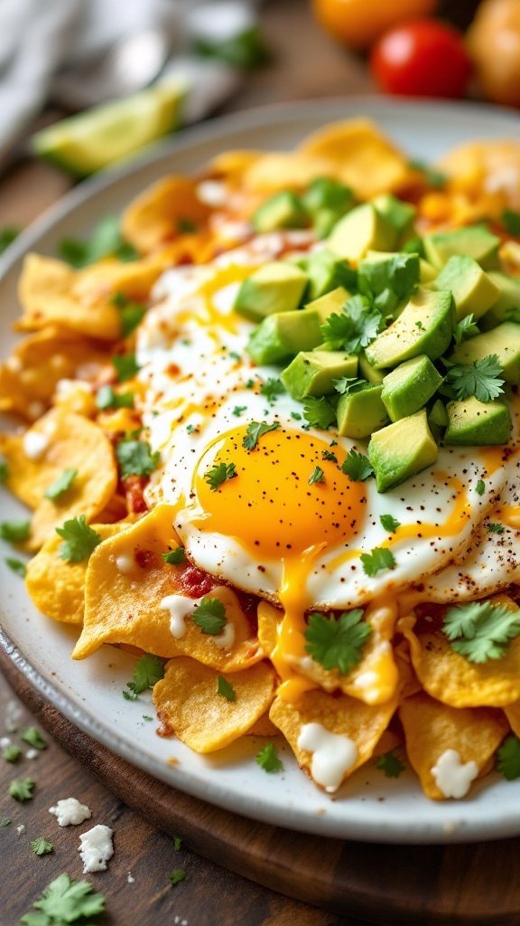 A plate of cheesy chilaquiles topped with fried eggs and avocado.