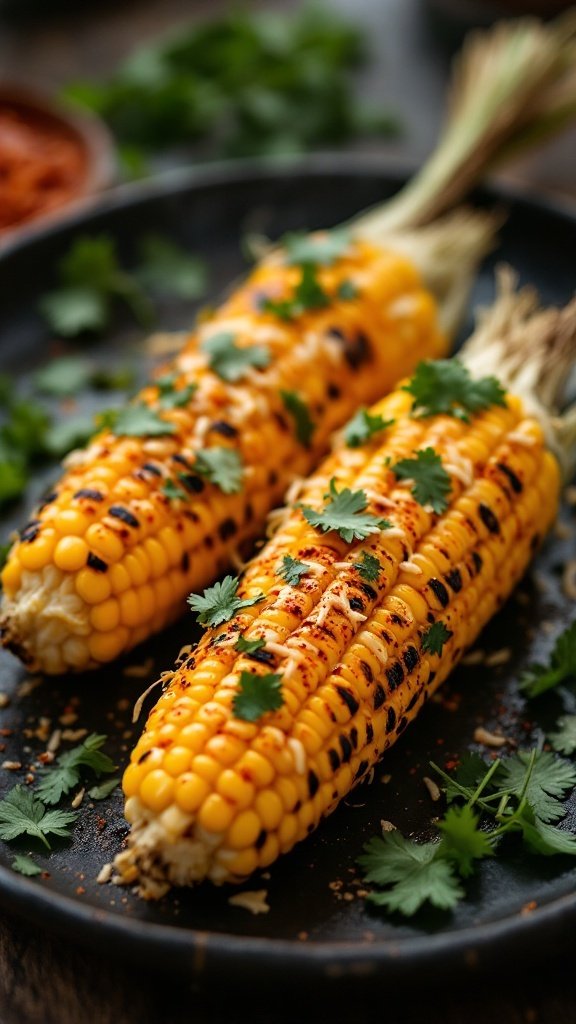 Cheesy Mexican street corn with cilantro and spices.