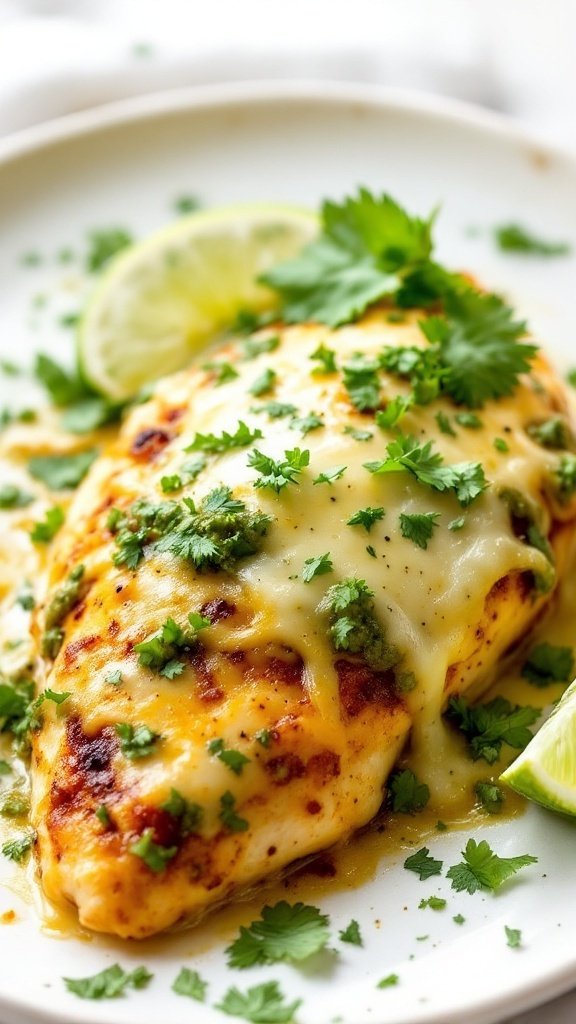 Cheesy Salsa Verde Chicken with fresh cilantro and lime