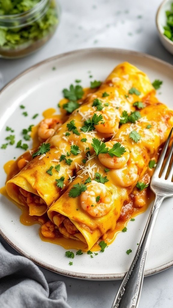 A plate of cheesy shrimp enchiladas garnished with herbs and cheese.