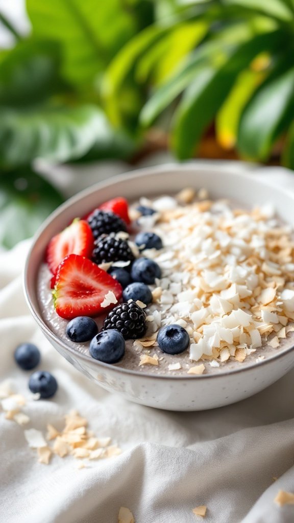 Chia seed pudding topped with berries and shredded coconut in a bowl.