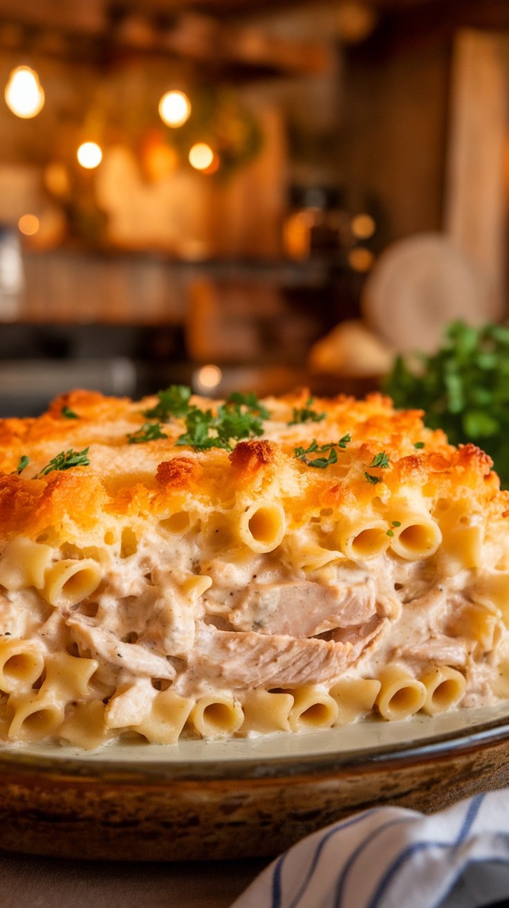 A delicious Chicken Alfredo Pasta Bake with a golden crust, served in a baking dish.