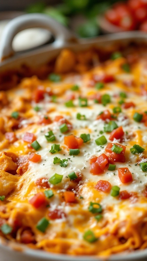 A delicious Chicken Enchilada Casserole topped with cheese, diced tomatoes, and green onions.