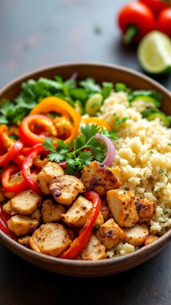 A colorful Chicken Fajita Bowl featuring seasoned chicken, bell peppers, and cauliflower rice.