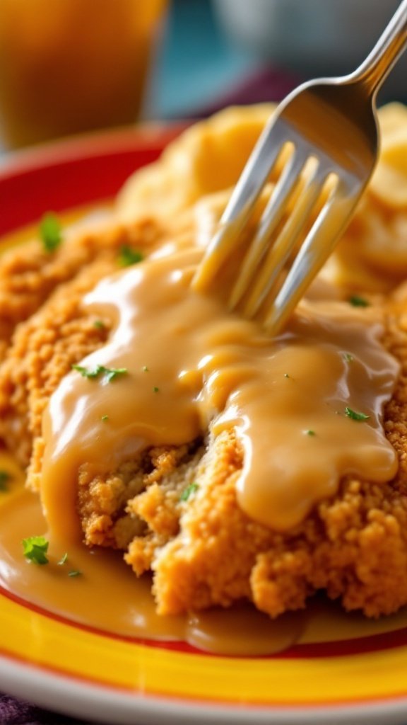 Plate of chicken fried chicken with gravy and a fork