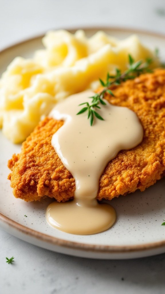 Plate of chicken fried chicken topped with cream gravy, served with mashed potatoes.