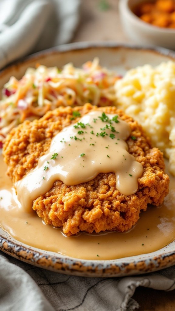 A plate of chicken fried chicken with homemade country gravy, served with mashed potatoes and coleslaw.