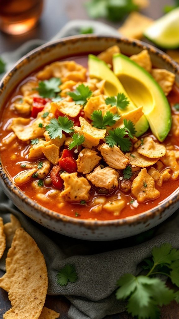 A bowl of Chicken Tortilla Soup topped with avocado, tortilla strips, and cilantro.