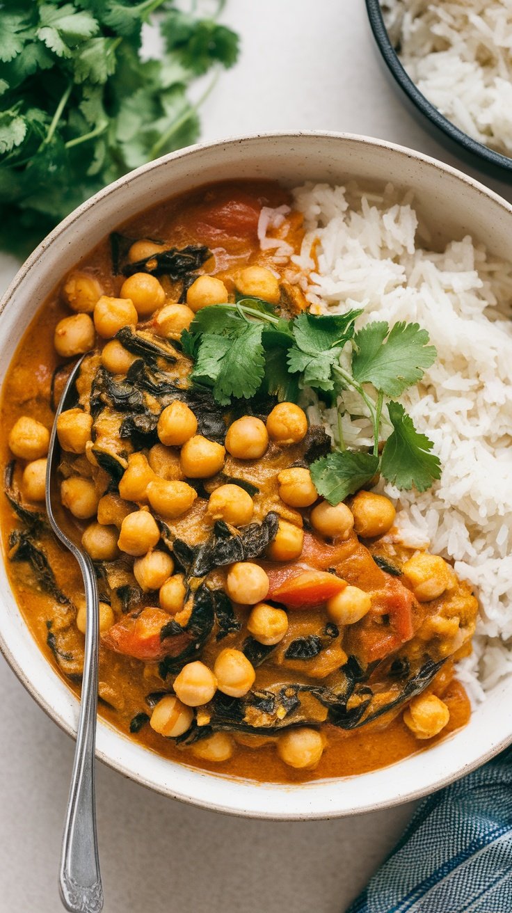 Bowl of chickpea and spinach curry served with rice and garnished with cilantro.