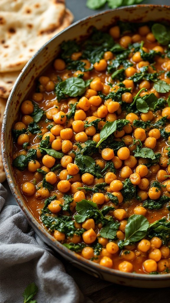 Chickpea and spinach curry in a skillet