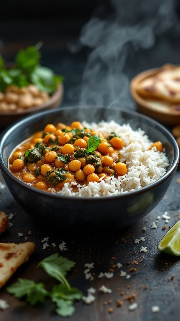 A bowl of chickpea and spinach curry served with rice and garnished with cilantro.