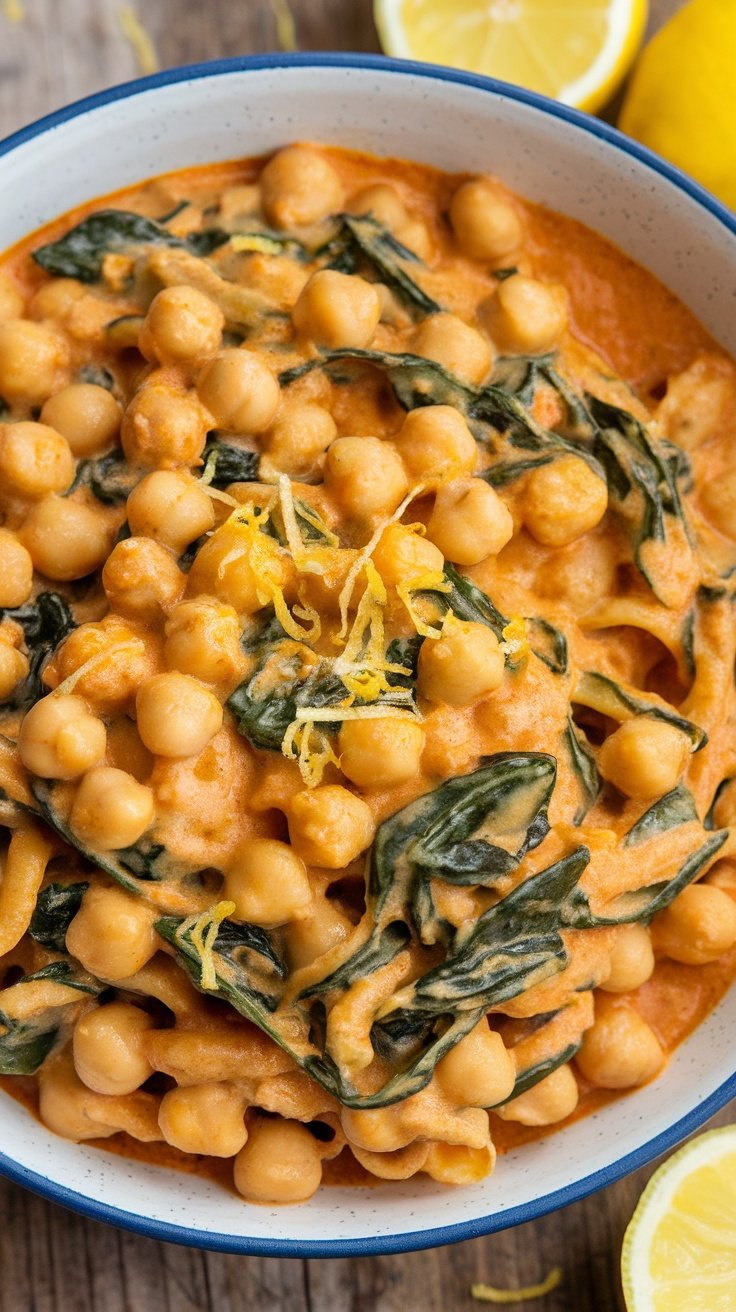 Chickpea and Spinach Pasta dish with creamy sauce and lemon zest