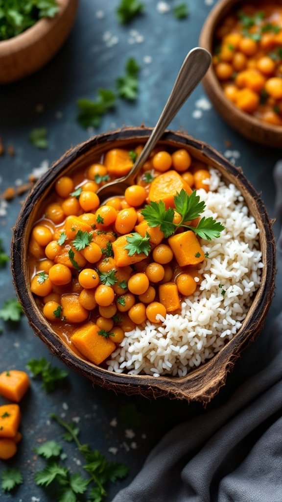 A bowl of chickpea and sweet potato curry served with rice, garnished with cilantro