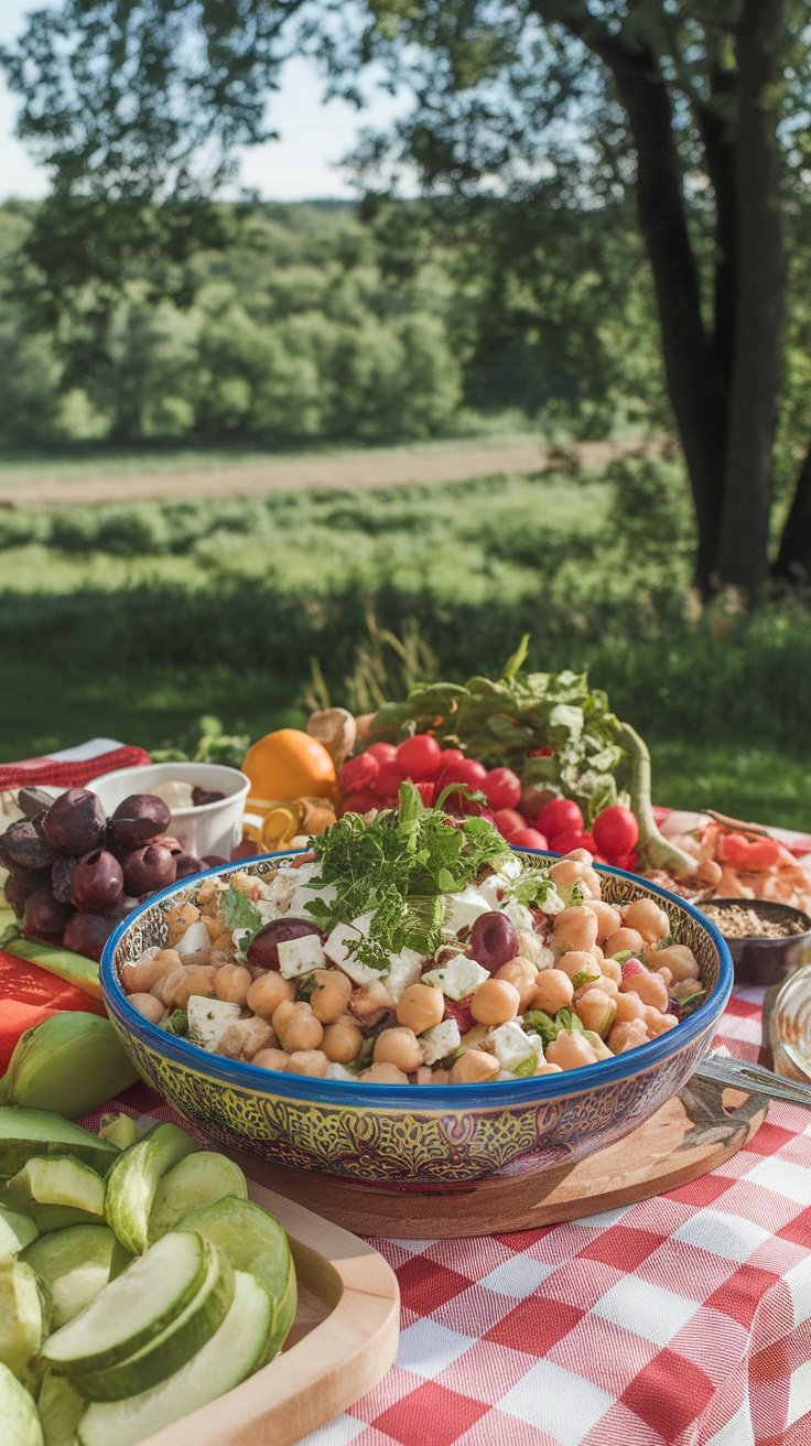 A colorful bowl of chickpea salad with feta and olives, surrounded by fresh vegetables.