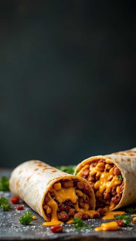 Chili cheese burritos filled with beans and cheese, garnished with cilantro.