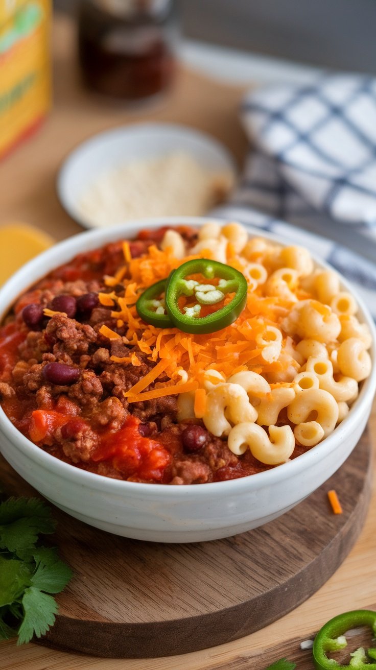 A bowl of Chili Mac and Cheese topped with cheese and jalapeños