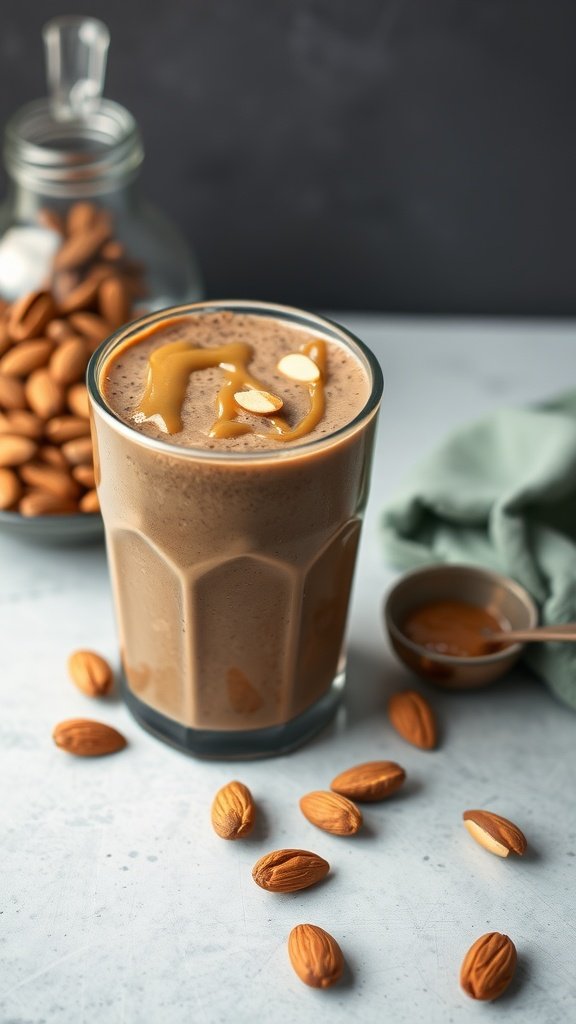 A delicious chocolate almond butter smoothie in a glass with almonds around it.