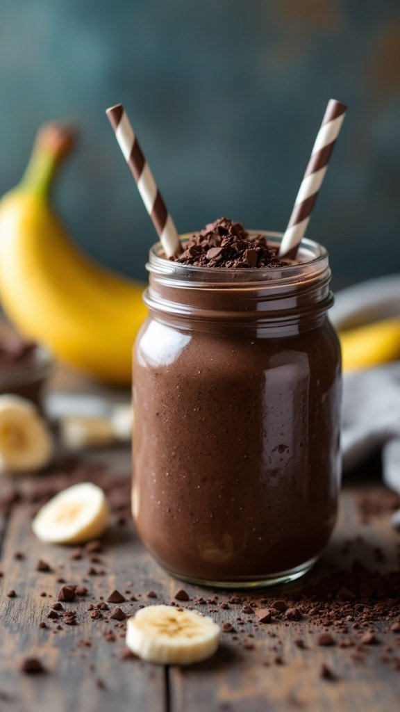 A delicious Chocolate Chia Banana Smoothie in a jar with two striped straws