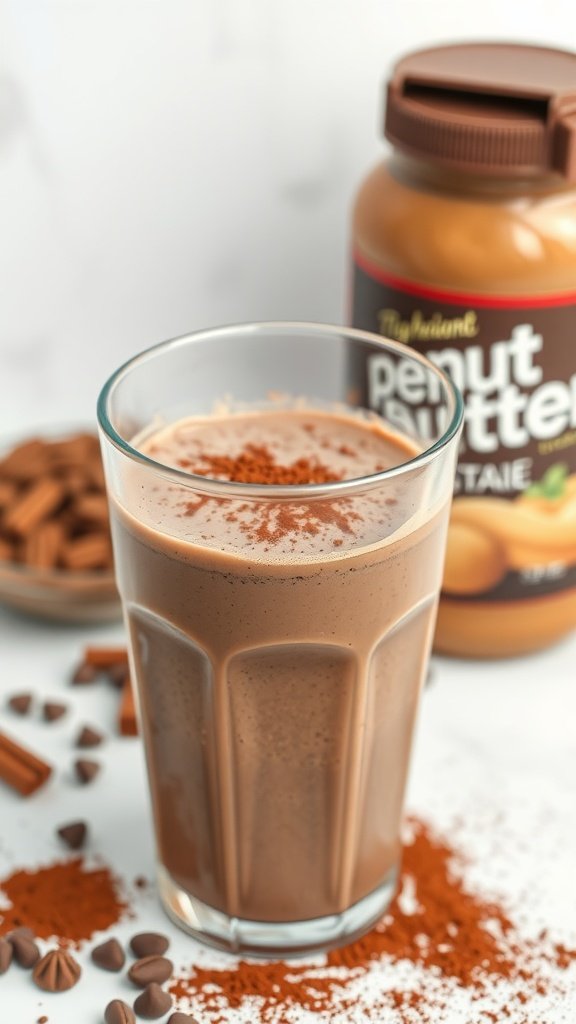 A glass of chocolate peanut butter smoothie with a jar of peanut butter in the background.