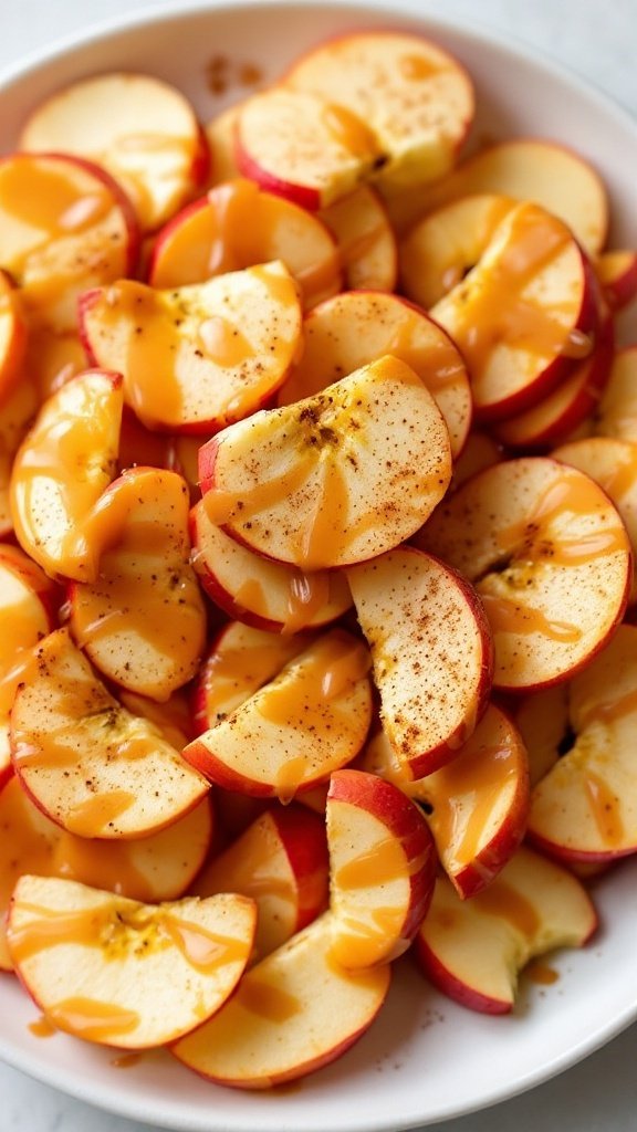 A plate of cinnamon apple nachos topped with nut butter and sprinkled with cinnamon.