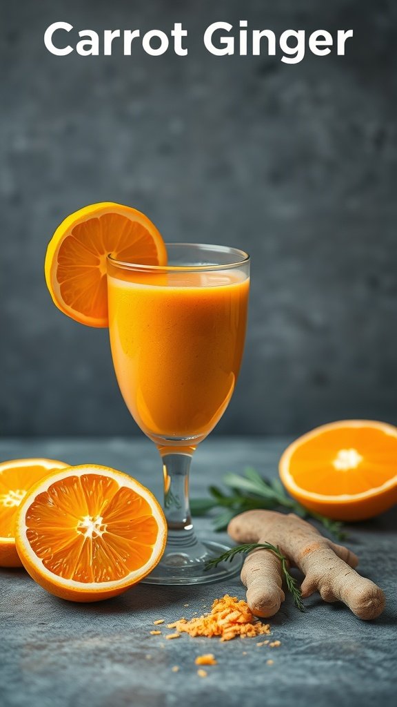 A refreshing orange smoothie with carrots and ginger, served in a glass