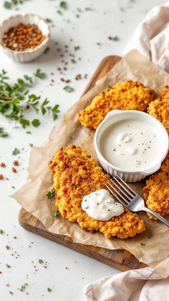 A plate of country fried chicken with creamy gravy and herbs