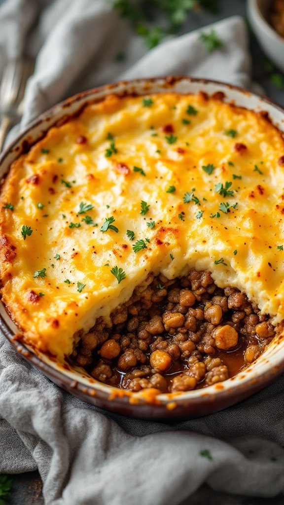 A delicious plate of Classic Shepherd's Pie with a golden mashed potato topping and savory meat filling.